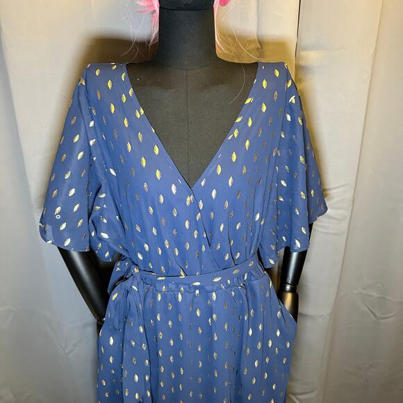 Plus Size 2X 18 20 Blue BloomChic Dress Gold Foil Dot Pockets slimming and comfy - Picture 4 of 11